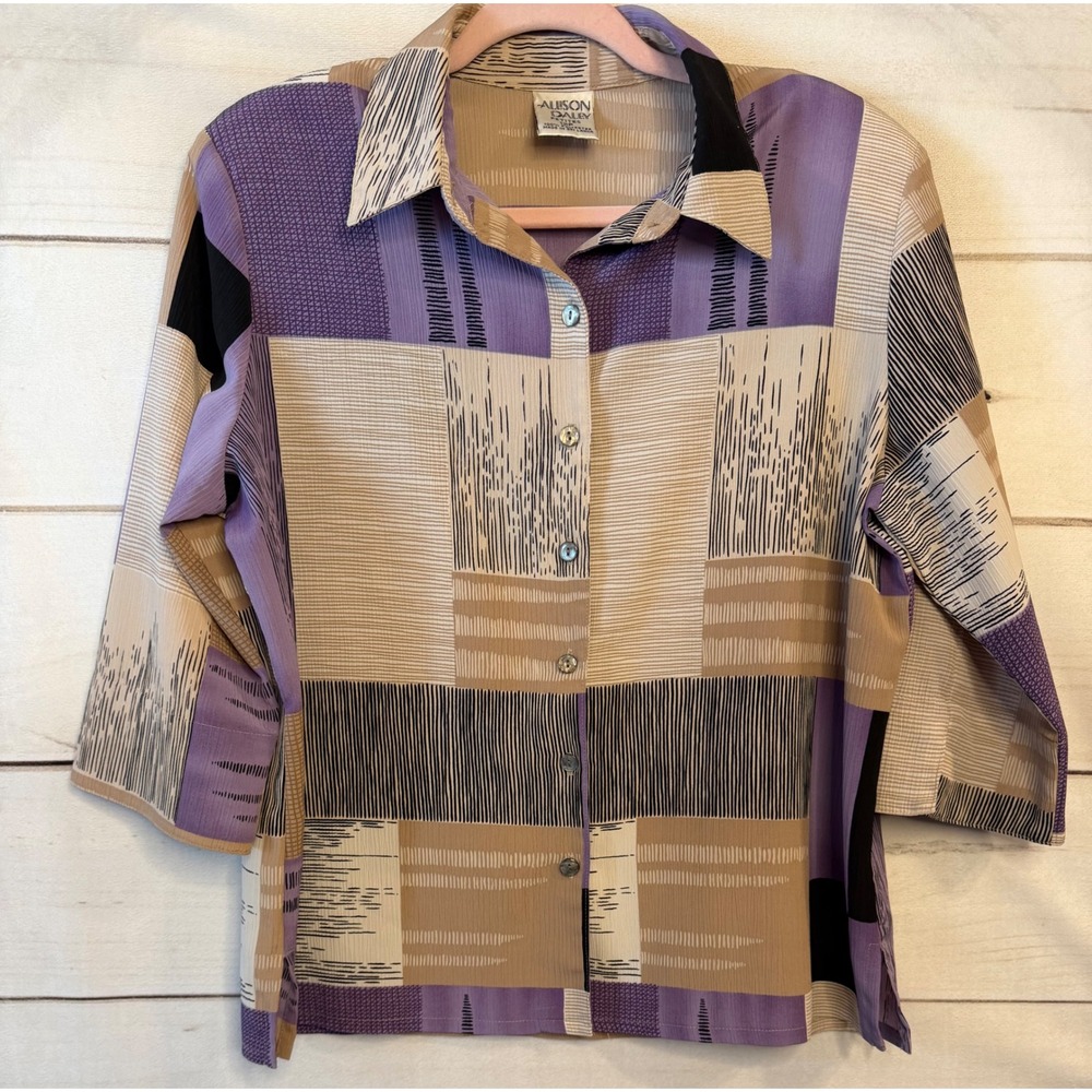 Allison Daley Petites Purple Geometric Patchwork Blouse 3/4 Sleeve Top 12P